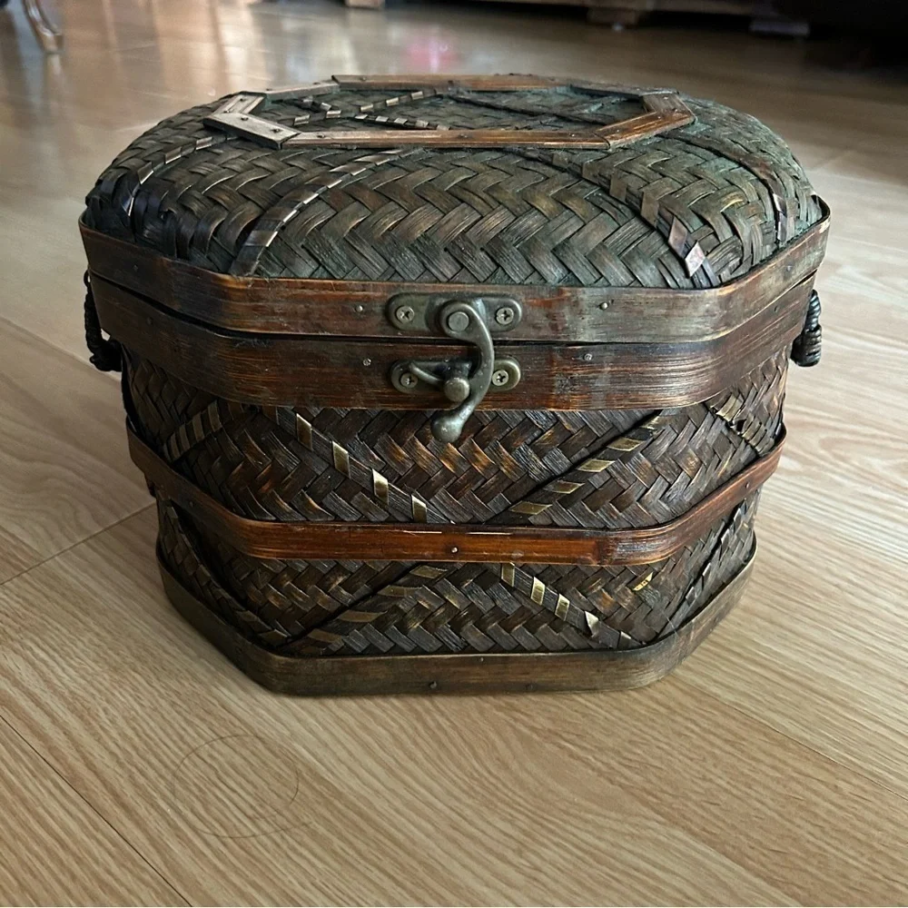 Vintage Wicker Metal Woven Decorative Chest Basket
